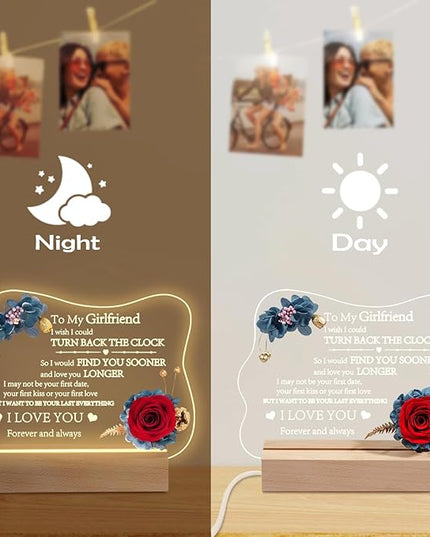 Yamonic Valentines Day Gifts for Her, Handmade Acrylic Plaque with Eternal Real Rose, Night Light with Preserved Rose Romantic Gifts for Girlfriend Wife Women (to My Girlfriend) - LeafyLoom
