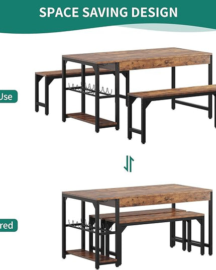YITAHOME 63" 3 Piece Kitchen Dining Table Set for 4 with Bench & Storage, Farmhouse Rectangle Dining Room Dinner Table with Wine & Glass Holder for Space Saving, Rustic Brown - LeafyLoom