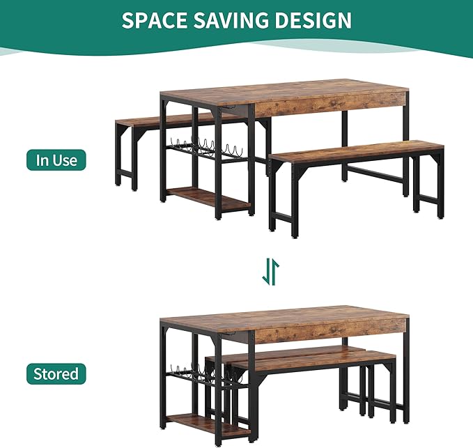 YITAHOME 63" 3 Piece Kitchen Dining Table Set for 4 with Bench & Storage, Farmhouse Rectangle Dining Room Dinner Table with Wine & Glass Holder for Space Saving, Rustic Brown - LeafyLoom