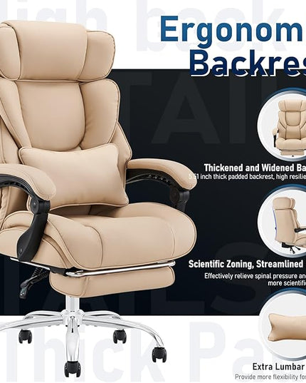 Office Chair with Footrest-Ergonomic Desk Chair with Adjustable Headrest and Lumbar Support Pillow, High Back Executive Computer Chair, Large Home Office Work Chair with Wide Seat for Comfort-Khaki - LeafyLoom