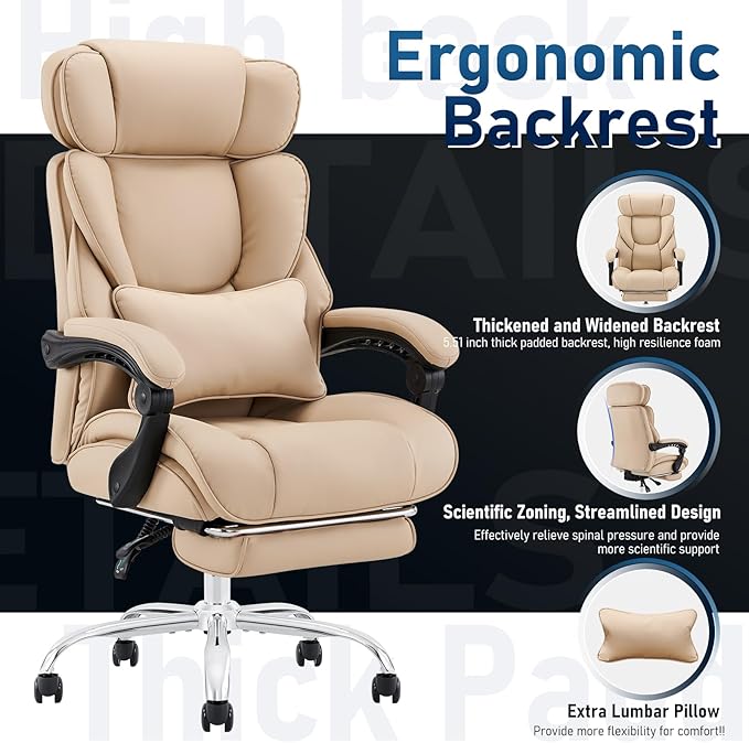 Office Chair with Footrest-Ergonomic Desk Chair with Adjustable Headrest and Lumbar Support Pillow, High Back Executive Computer Chair, Large Home Office Work Chair with Wide Seat for Comfort-Khaki - LeafyLoom