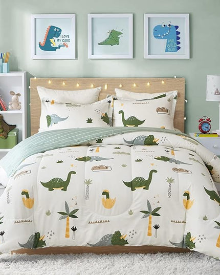 Joyreap Dinosaur Kids Cotton Comforter Set for Boys Girls, Full/Queen Size 3pcs Cotton Bedding Comforter, Fresh Green Dinosaurs on White Design, Skin-friendly Breathable for All Season- 88x88 inches - LeafyLoom