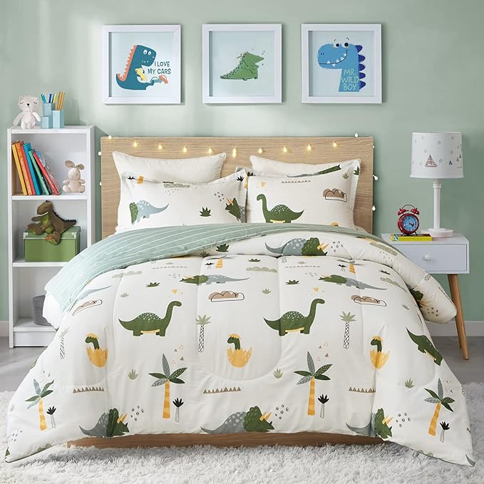 Joyreap Dinosaur Kids Cotton Comforter Set for Boys Girls, Full/Queen Size 3pcs Cotton Bedding Comforter, Fresh Green Dinosaurs on White Design, Skin-friendly Breathable for All Season- 88x88 inches - LeafyLoom
