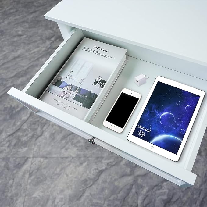 White Computer Desk with 2 Drawers, Modern Makeup Vanity Desk with Storage, Writing Desk for Home Office, 42'' Long Study Simple White Desk for Bedroom Console Table Living Room - LeafyLoom