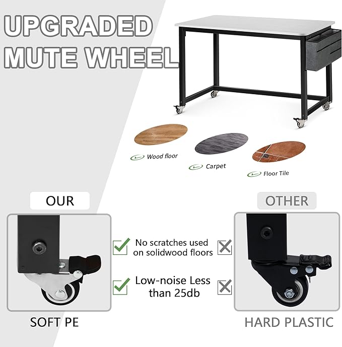 AHB 47" Rolling Computer Desk with 4 Smooth Wheels, Simple Style Mobile Writing Desk Home Office Study Table Movable Workstation with Metal Frame - LeafyLoom