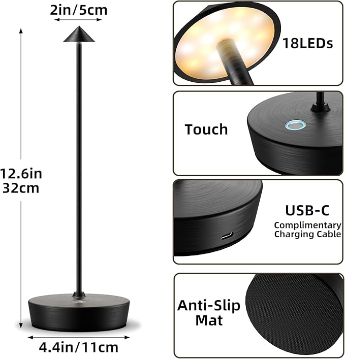 Cordless Rechargeable Table Lamp, 6000mAh Outdoor Waterproof Battery Operated Table Light LED Touch Dimmable Desk Lamps for Patio Dining Restaurant Home Living Room Black - LeafyLoom