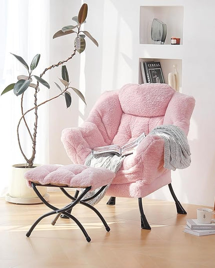 Plush Lazy Chair and Ottoman, Large Contemporary Accent Lounge Chair with Armrests and a Side Pocket, Modern Leisure Upholstered Sofa Reading Armchair with Footrest for Bedroom, Living Room - LeafyLoom