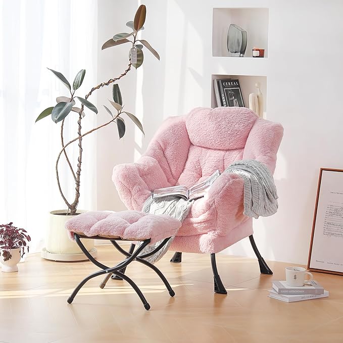 Plush Lazy Chair and Ottoman, Large Contemporary Accent Lounge Chair with Armrests and a Side Pocket, Modern Leisure Upholstered Sofa Reading Armchair with Footrest for Bedroom, Living Room - LeafyLoom