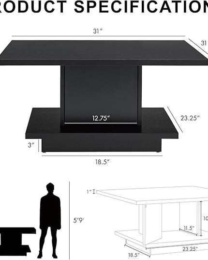 24/7 Shop at Home Lukas 31 inch Square Coffee Table with Hidden Storage and Base Shelf, Contemporary Furniture for Living Room, Home Office, Apartment, Small Space, Black - LeafyLoom