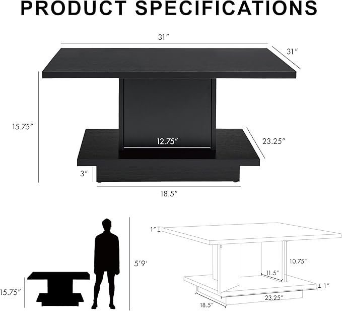 24/7 Shop at Home Lukas 31 inch Square Coffee Table with Hidden Storage and Base Shelf, Contemporary Furniture for Living Room, Home Office, Apartment, Small Space, Black - LeafyLoom