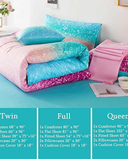 URBONUR Queen Comforter Set for Girls Teens Kids Ombre Purple Orange Teal Bedding Set Soft & Fluffy Girls Bed Set for Queen Bed Comforters with Sheets Set - LeafyLoom