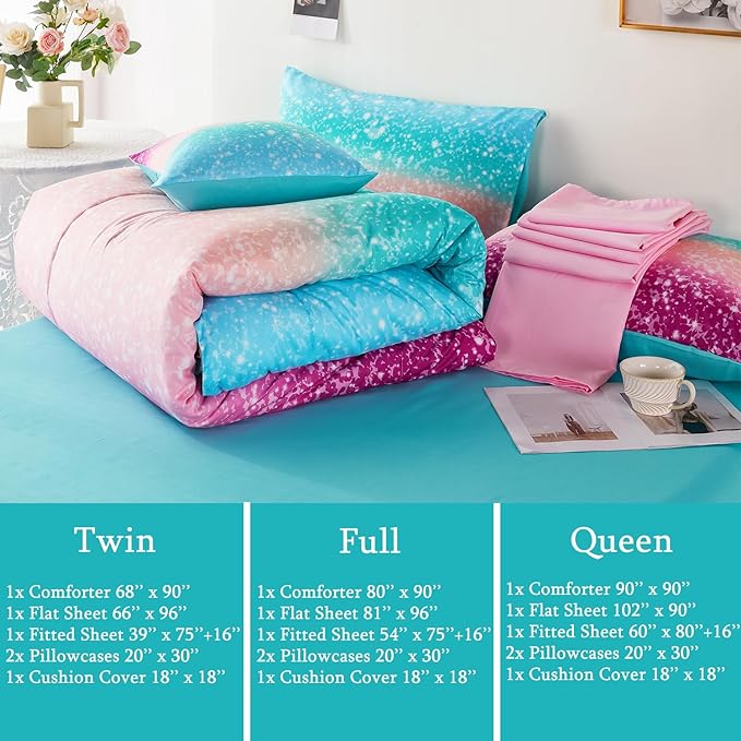 URBONUR Queen Comforter Set for Girls Teens Kids Ombre Purple Orange Teal Bedding Set Soft & Fluffy Girls Bed Set for Queen Bed Comforters with Sheets Set - LeafyLoom