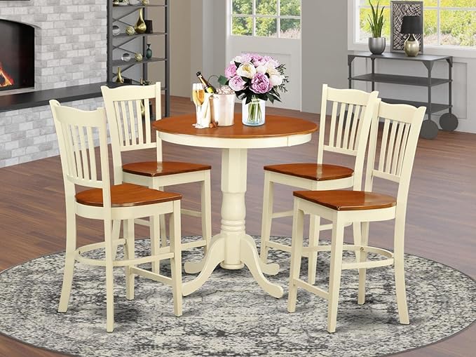 East West Furniture EDGR5-WHI-W 5 Piece Kitchen Counter Height Set Includes a Round Wooden Table with Pedestal and 4 Dining Chairs, Buttermilk & Cherry - LeafyLoom