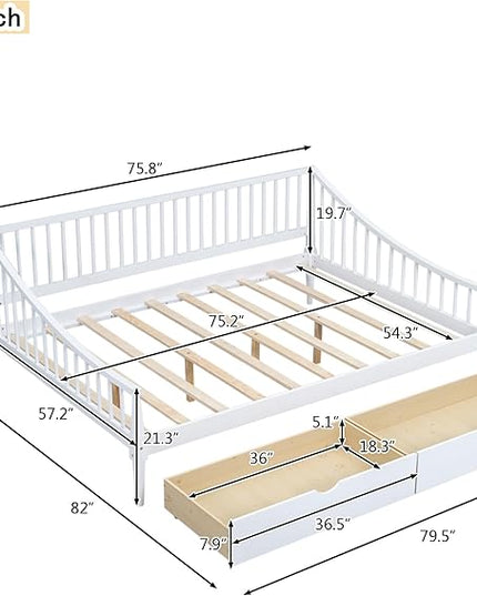 Full Size Daybed with Two Drawers,Solid Wood Storage Bed Frame W/Wooden Slat Support,Guide Rail Design on Three Sides,Easy to Assemble,for Bedroom Living Room,White - LeafyLoom