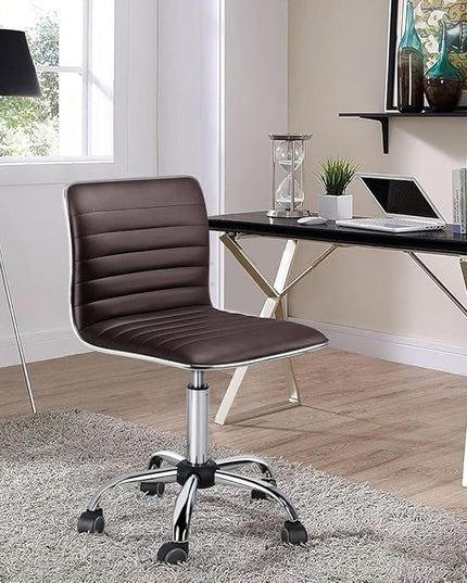 Yaheetech Task Chair Armless Office Chair PU Leather Ribbed Modern Desk Chair Adjustable Low-Back Swivel Chair w/Rolling Wheels Comfy Working Chair Makeup Chair, Brown - LeafyLoom