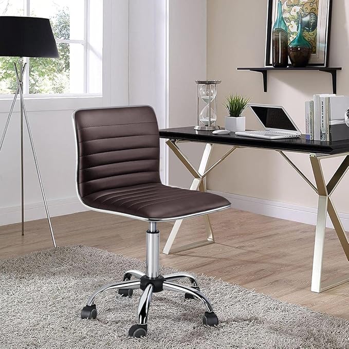 Yaheetech Task Chair Armless Office Chair PU Leather Ribbed Modern Desk Chair Adjustable Low-Back Swivel Chair w/Rolling Wheels Comfy Working Chair Makeup Chair, Brown - LeafyLoom