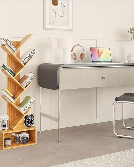 YMYNY 6 Tier Tree Bookshelf, Tall Bookcase, Wood Book Storage Rack with Drawer, Modern Floor Standing Book Shelf for Books/Movies/CDs, Utility Organizer for Living Room, Home Office, Natural UHBC016N - LeafyLoom