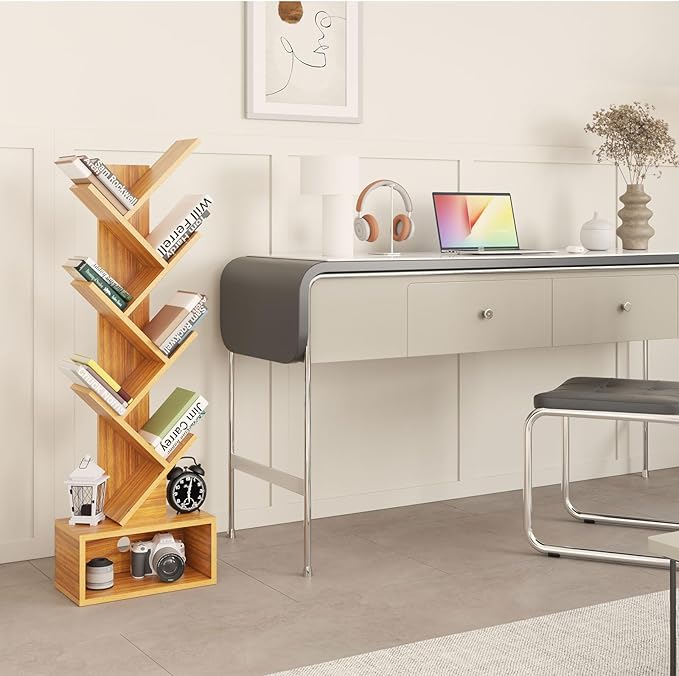 YMYNY 6 Tier Tree Bookshelf, Tall Bookcase, Wood Book Storage Rack with Drawer, Modern Floor Standing Book Shelf for Books/Movies/CDs, Utility Organizer for Living Room, Home Office, Natural UHBC016N - LeafyLoom
