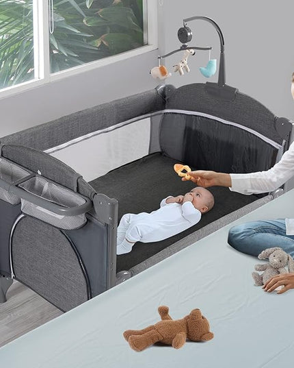 5 in 1 Baby Crib,Baby Bassinet, Bedside Cribs, Pack and Play with Bassinet and Changing Table, Portable Travel Baby Playpen with Bassinet Toys & Music Box,Mattress for Girl Boy Infant Newborn (Grey) - LeafyLoom