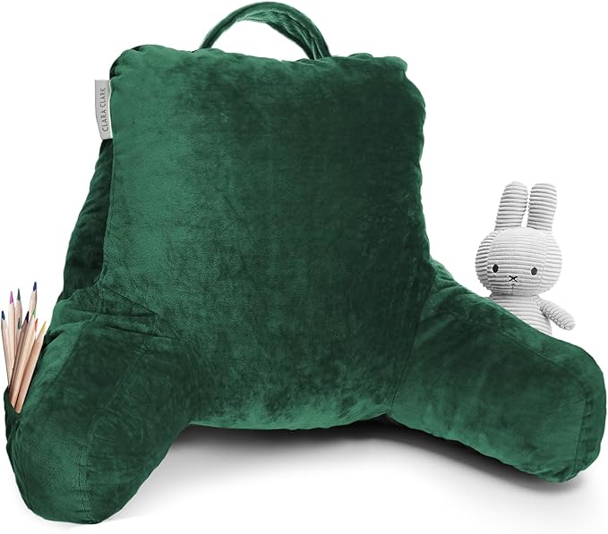 Clara Clark Reading Pillow for Kids, Small Back Pillow for Sitting Up in Bed, Memory Foam Back Support Pillow, Reading Pillows for Sitting in Bed, Dark Green Gaming Pillow with Arms and Pockets - LeafyLoom