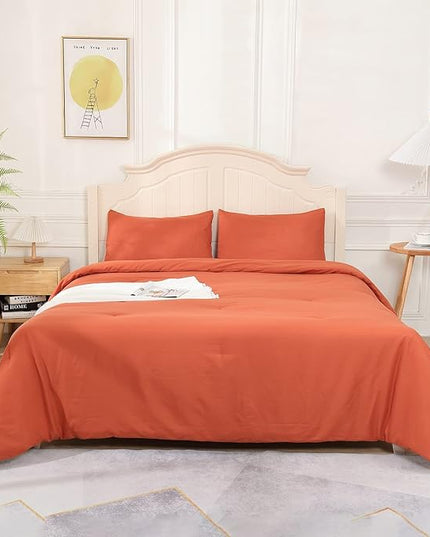 Terracotta Comforter King Size, Modern Burnt Orange Bedding Set, Cute Soft & Lightweight Chic Microfiber Bed Sets, 3 pcs-1 Comforter & 2 Pillowcases (104"x90") - LeafyLoom