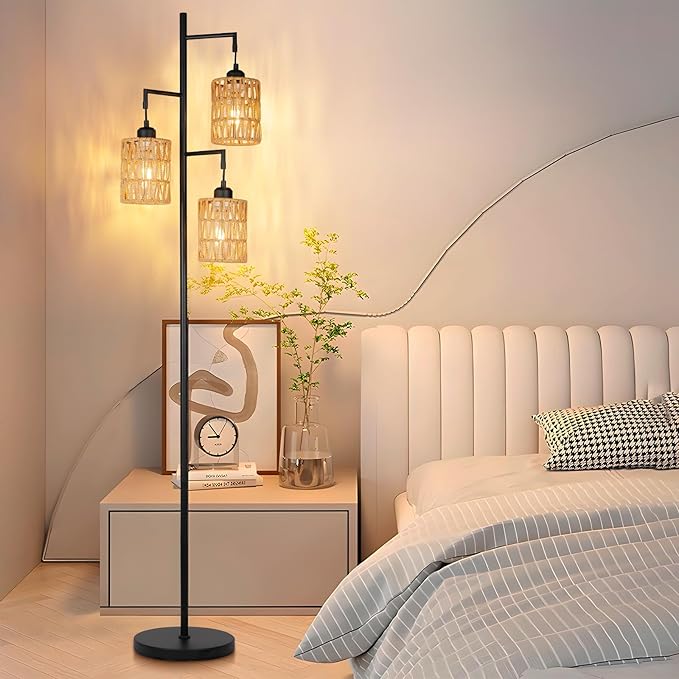 Farmhouse Floor Lamp, Industrial Style Tall Lamps, Boho Tree Standing Tall Lamp with Sturdy Modern Vintage Design for Living Room Bedroom Office Dining Room(Black) - LeafyLoom