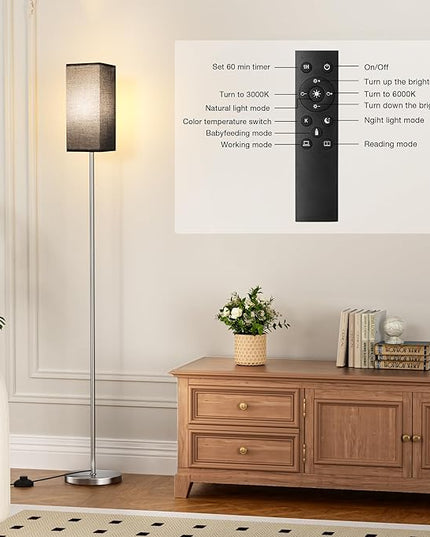 Ambimall Remote Control Floor Lamp, Stepless Dimmable, 64 Inches Tall, Include 9W Bulb, Standing Lamp for Living Room Bedroom Office (Black & Sliver) - LeafyLoom