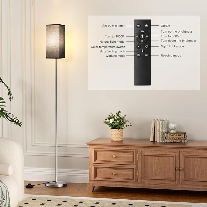 Ambimall Remote Control Floor Lamp, Stepless Dimmable, 64 Inches Tall, Include 9W Bulb, Standing Lamp for Living Room Bedroom Office (Black & Sliver) - LeafyLoom
