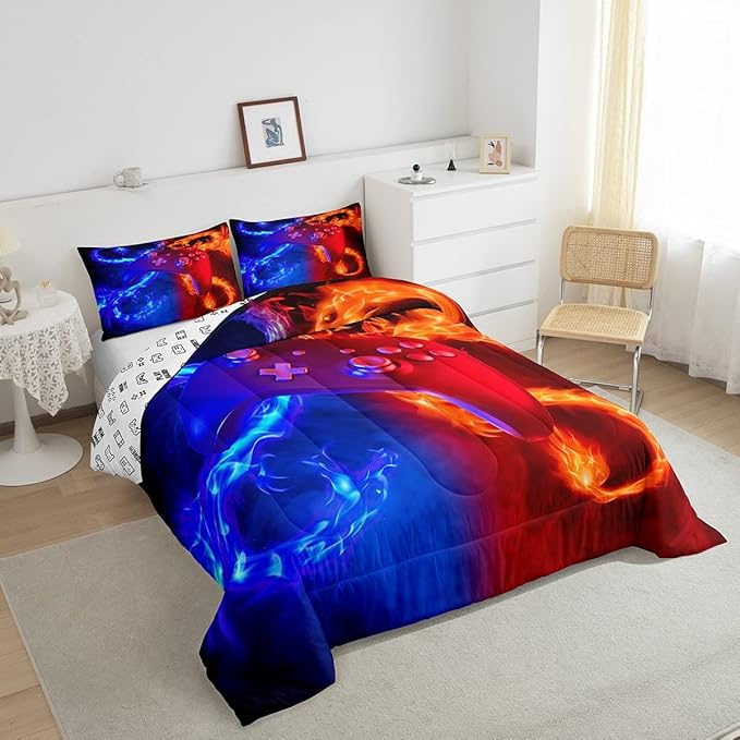 Ice Fire Dragon Comforter Set for Boys Teens Kids Gamer Games Room Decor Bedding Set Blue Red Gaming Gamepad Down Comforter ,Fairy Tale Animals Theme Room Decor 2Pcs Duvet Insert Twin Size,Soft - LeafyLoom