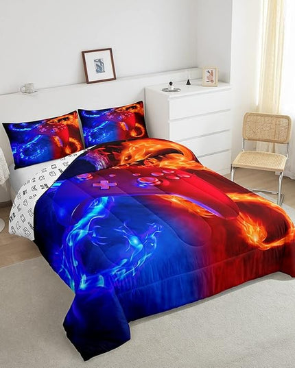 Ice Fire Dragon Comforter Set for Boys Teens Kids Gamer Games Room Decor Bedding Set Blue Red Gaming Gamepad Down Comforter ,Fairy Tale Animals Theme Room Decor 2Pcs Duvet Insert King Size,Soft - LeafyLoom