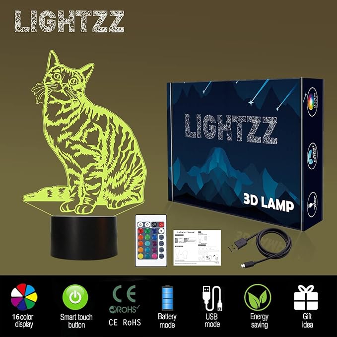 Cat Pet Gifts for Kids Girls,3D Illusion LED Cat Lamp Night Light with Remote Control 16 Colors Changing Decoration Bedside Lamps - LeafyLoom