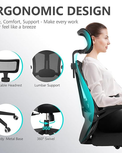 Office Chair 350LBS Capacity,Ergonomic Comfy Home Desk Chair,High Back Gaming Chair with Wheels,Mesh Computer Chair,Lumbar Support,Adjustable Headrest,Flip-up Armrest - LeafyLoom
