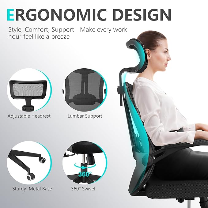 Office Chair 350LBS Capacity,Ergonomic Comfy Home Desk Chair,High Back Gaming Chair with Wheels,Mesh Computer Chair,Lumbar Support,Adjustable Headrest,Flip-up Armrest - LeafyLoom