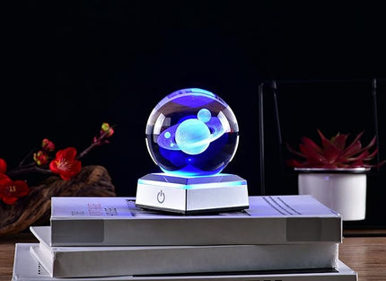 3D Crystal Ball Saturn Model, with Led Lamp Stand, 3.15'' Saturn Planets Glass Ball Decor, Engraved Crystal Sphere with Gift Box, 6 Color Light, Romantic Gifts for Kids Friends - LeafyLoom