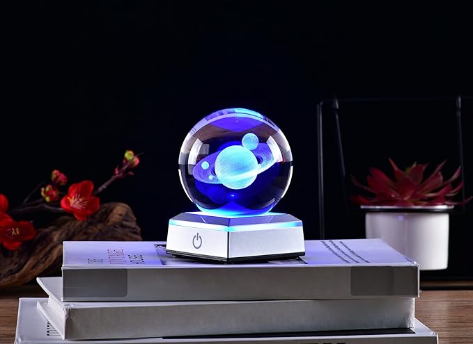 3D Crystal Ball Saturn Model, with Led Lamp Stand, 3.15'' Saturn Planets Glass Ball Decor, Engraved Crystal Sphere with Gift Box, 6 Color Light, Romantic Gifts for Kids Friends - LeafyLoom