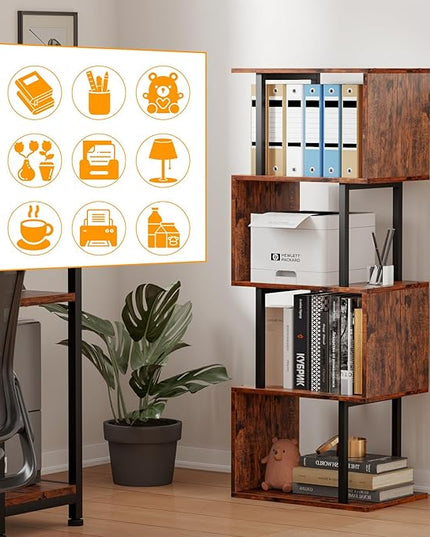 Furologee 5-Tier Bookshelf, S-Shaped Geometric Bookcase, Narrow Freestanding Display Shelves, Modern Wood Decorative Storage Shelving Rack for Bedroom, Living Room, Home Office, Rustic Brown - LeafyLoom