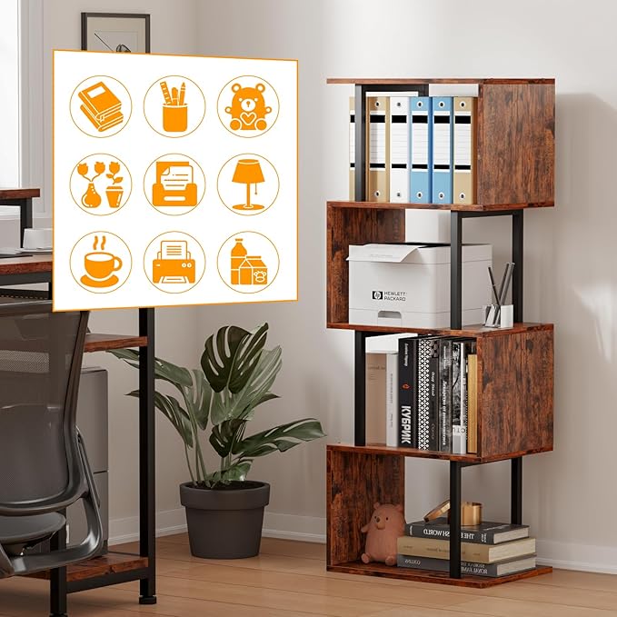Furologee 5-Tier Bookshelf, S-Shaped Geometric Bookcase, Narrow Freestanding Display Shelves, Modern Wood Decorative Storage Shelving Rack for Bedroom, Living Room, Home Office, Rustic Brown - LeafyLoom
