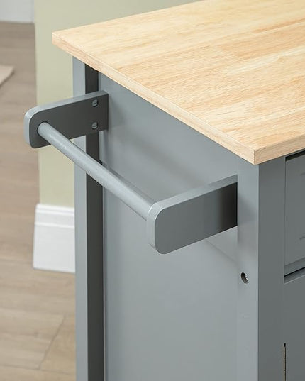 HOMCOM Kitchen Island Cart, Rolling Kitchen Island with Storage Shelf, Solid Wood Top, Drawer, for Dining Room, Gray - LeafyLoom