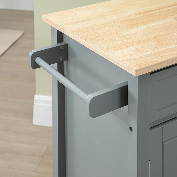 HOMCOM Kitchen Island Cart, Rolling Kitchen Island with Storage Shelf, Solid Wood Top, Drawer, for Dining Room, Gray - LeafyLoom