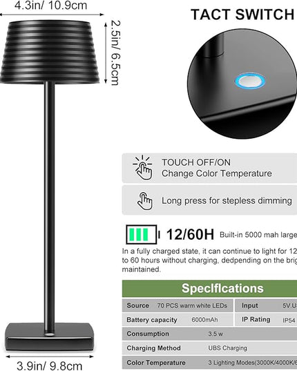 Rechargeable Cordless Table Lamp, Battery 5000mAh Metal Aluminum Housing USB LED Portable Powered Desk Lamp, 3 Levels Brightness Night Light for Restaurants Bars Outdoor (black) - LeafyLoom