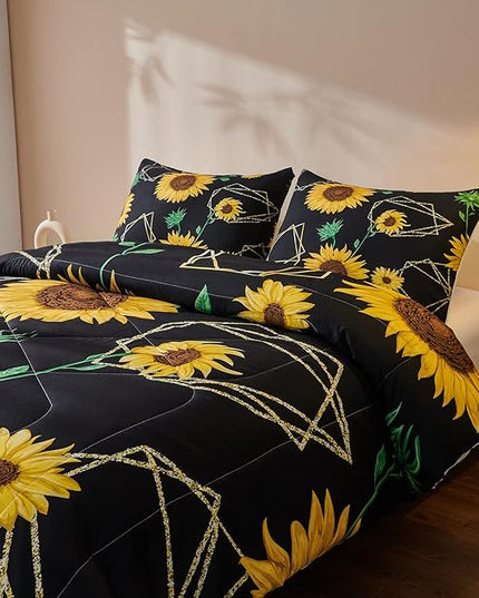 Sunflower Comforter Sets,Seamless Pattern with Golden Polygonal Shapes and Sunflowers in Watercolor Style,Decorative Bedding Comforter Sets with 2 Pillow Shams, Twin Size - LeafyLoom