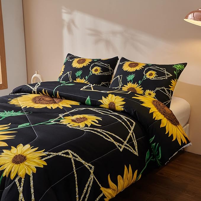 Sunflower Comforter Sets,Seamless Pattern with Golden Polygonal Shapes and Sunflowers in Watercolor Style,Decorative Bedding Comforter Sets with 2 Pillow Shams, Twin Size - LeafyLoom