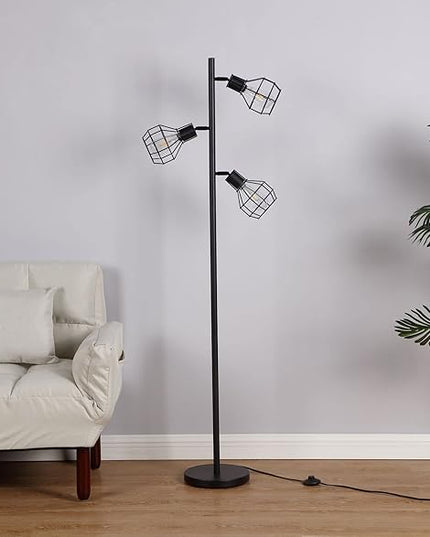 Brightech Robin LED Floor Lamp, Industrial Tree Lamp for Living Rooms & Offices, Tall Lamp with 3 Cages Heads & Vintage Edison Bulbs, Rustic Standing Lamp for Reading, and Tall Lamp for Crafts - Black - LeafyLoom