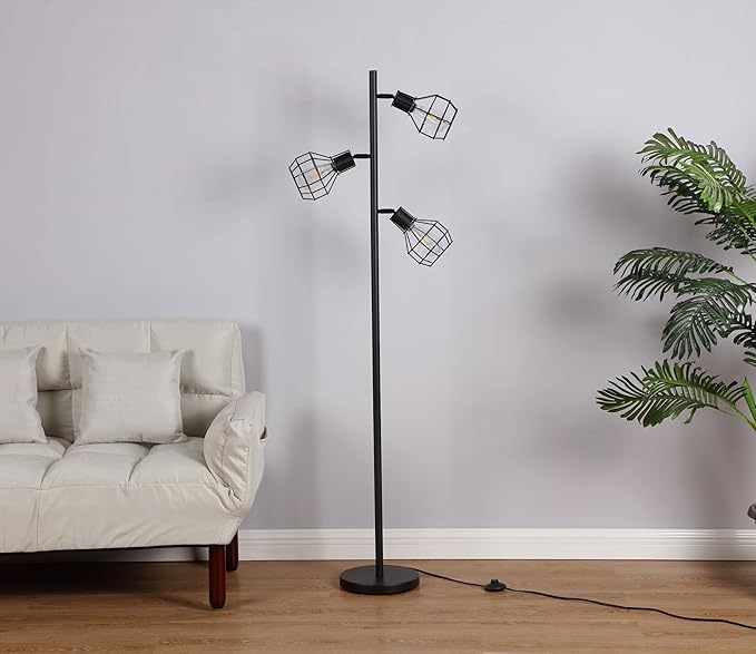 Brightech Robin LED Floor Lamp, Industrial Tree Lamp for Living Rooms & Offices, Tall Lamp with 3 Cages Heads & Vintage Edison Bulbs, Rustic Standing Lamp for Reading, and Tall Lamp for Crafts - Black - LeafyLoom