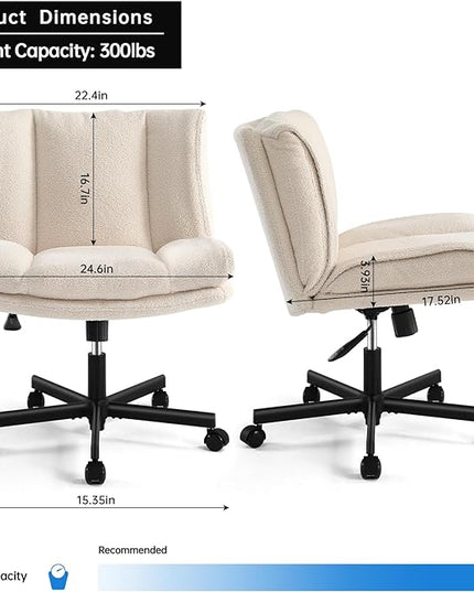 LEAGOO Armless Desk Chair, Office Chair with Wheels, Desk Chair with Furry, Modern Swivel Height Adjustable Office Chair with Wide Seat for Home, Office, Make Up, Bed Room - Cream White - LeafyLoom