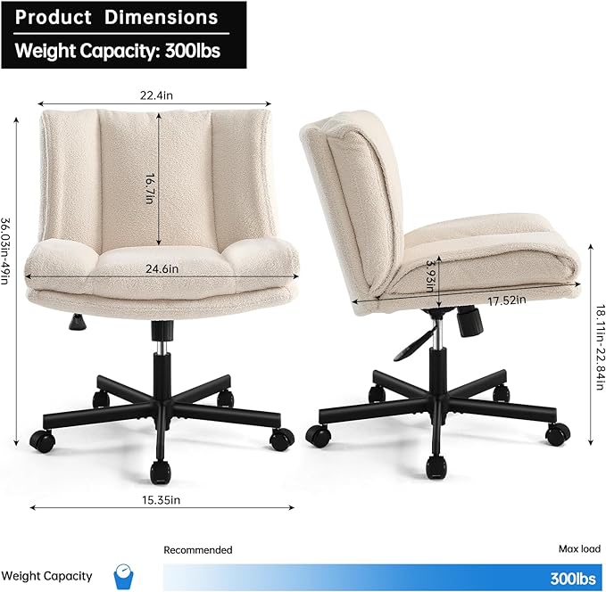 LEAGOO Armless Desk Chair, Office Chair with Wheels, Desk Chair with Furry, Modern Swivel Height Adjustable Office Chair with Wide Seat for Home, Office, Make Up, Bed Room - Cream White - LeafyLoom