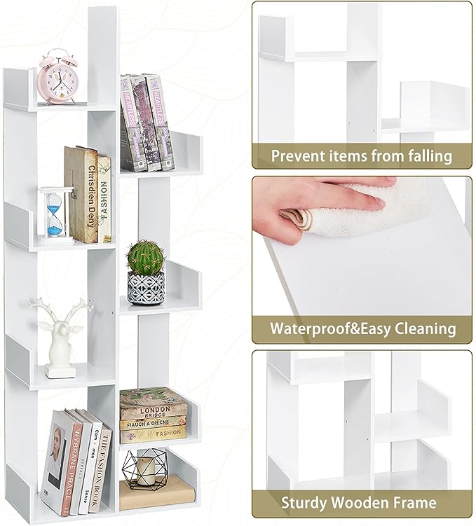 VECELO 8 Shelf Storage Tree Bookshelf,Wooden Book Display Shelves for CDs/Movies/Books, FreeStanding Geometric Tree-Shaped Bookcase Storgae Organizers for Home Office, Living Room,Bedroom,White - LeafyLoom