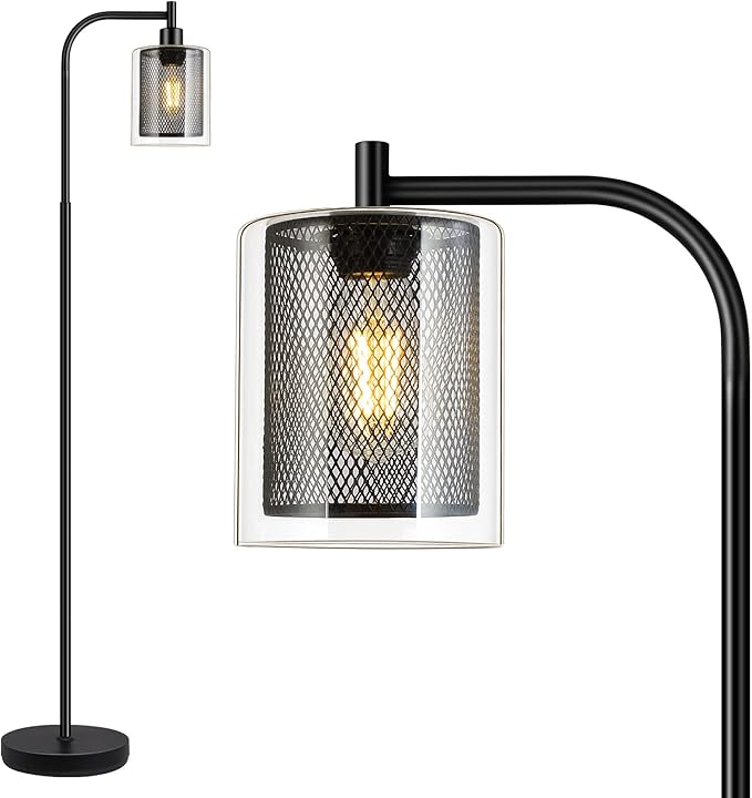 BoostArea Industrial Floor Lamp, Standing Lamp with 2 in 1 Iron Mesh Glass Lampshade, 6W LED Bulb Included, Foot Switch, Bright Modern Floor Lamp for Living Room and Bedroom, Office, Simple Style - LeafyLoom