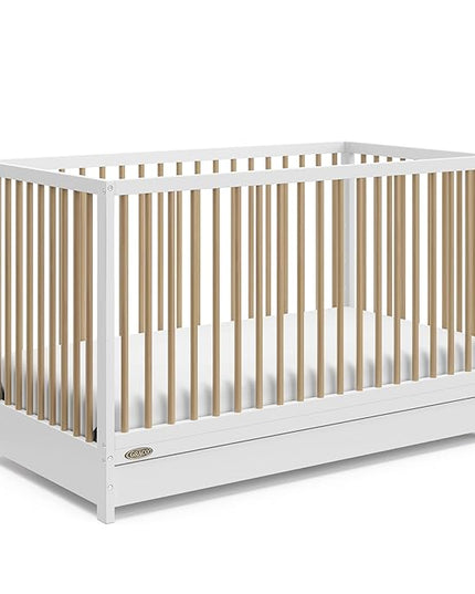 Graco Teddi 5-in-1 Convertible Crib with Drawer (White with Driftwood) – GREENGUARD Gold Certified, Crib with Drawer Combo, Full-Size Nursery Storage Drawer, Converts to Toddler Bed - LeafyLoom