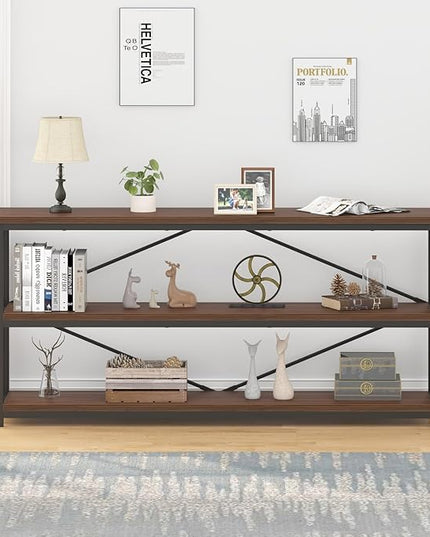 IBF Walnut Low Wide Bookcase, Vintage 63 Inch Long 3 Tier Open Book Shelf, Farmhouse Big Wood Metal sturdy Bookshelf Display Case, Simple Large Etagere Bookshelves for Home Living Room Office Bedroom - LeafyLoom